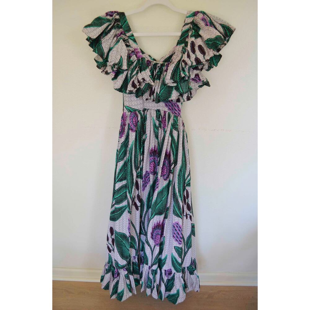 SIKA x Anthropologie Ruffled Off Shoulder Printed Long Maxi Dress Gown 0 - Picture 8 of 8
